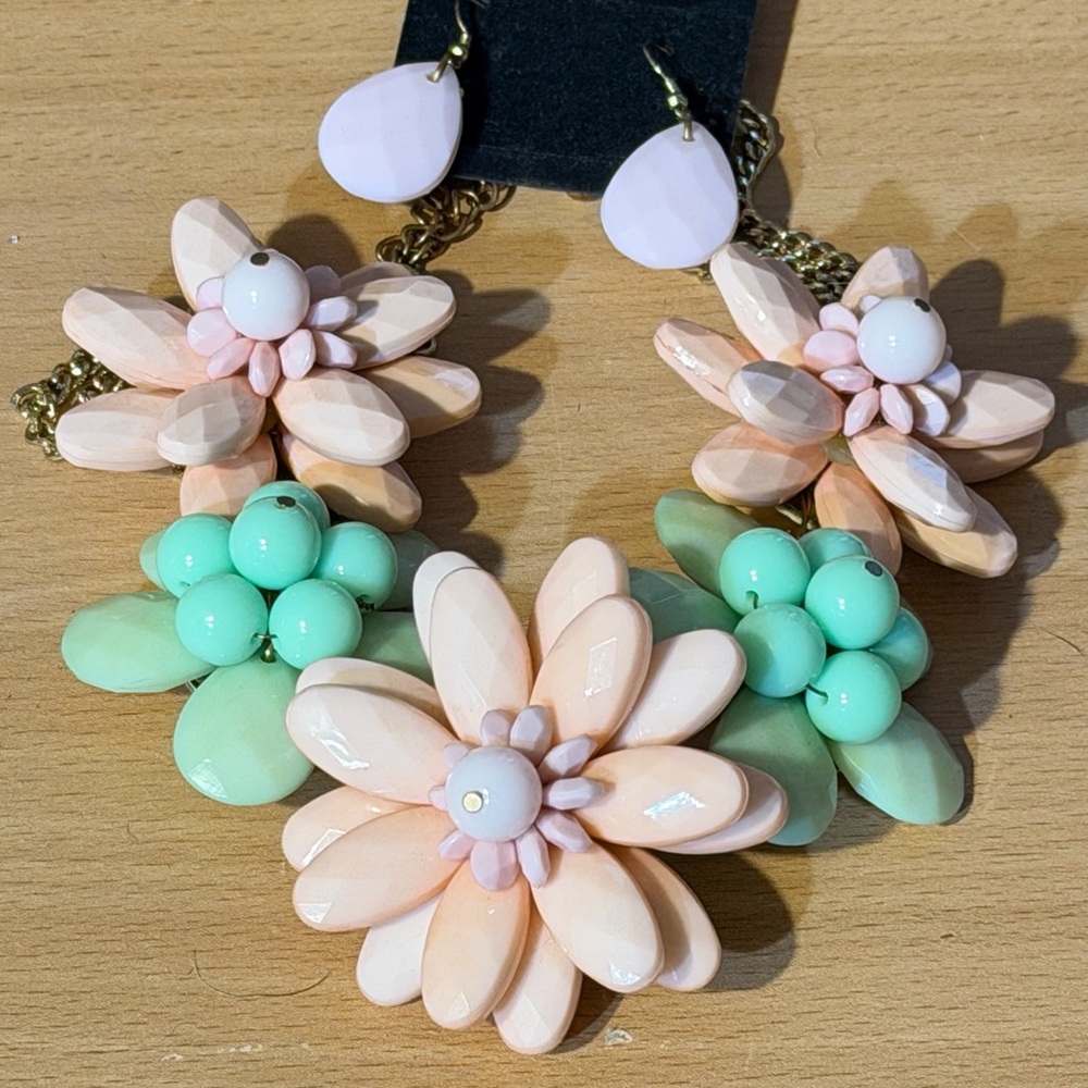 FLOWER STATEMENT NECKLACE MINT/PINK ACRYLIC BEAUTIFUL COMBO VINTAGE DESIGN🌸